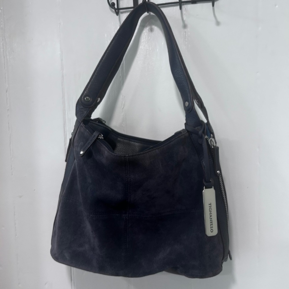 Tignanello Navy Blue Suede Leather Expandable Hobo Shoulder Bag Turquoise Gusset